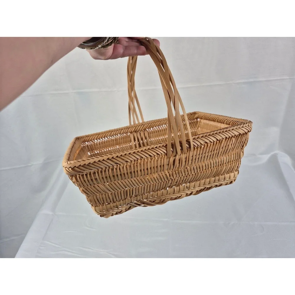 Vintage Woven Wicker Gathering Basket Rectangular Bamboo Rattan Garden‎ Handle